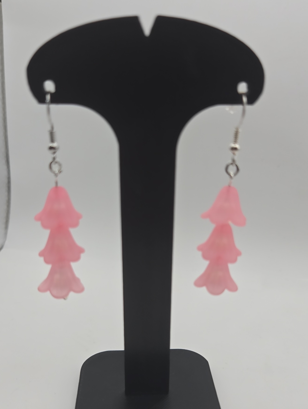 Handmade Pink Flower Dangle Earrings Iridescent Beaded